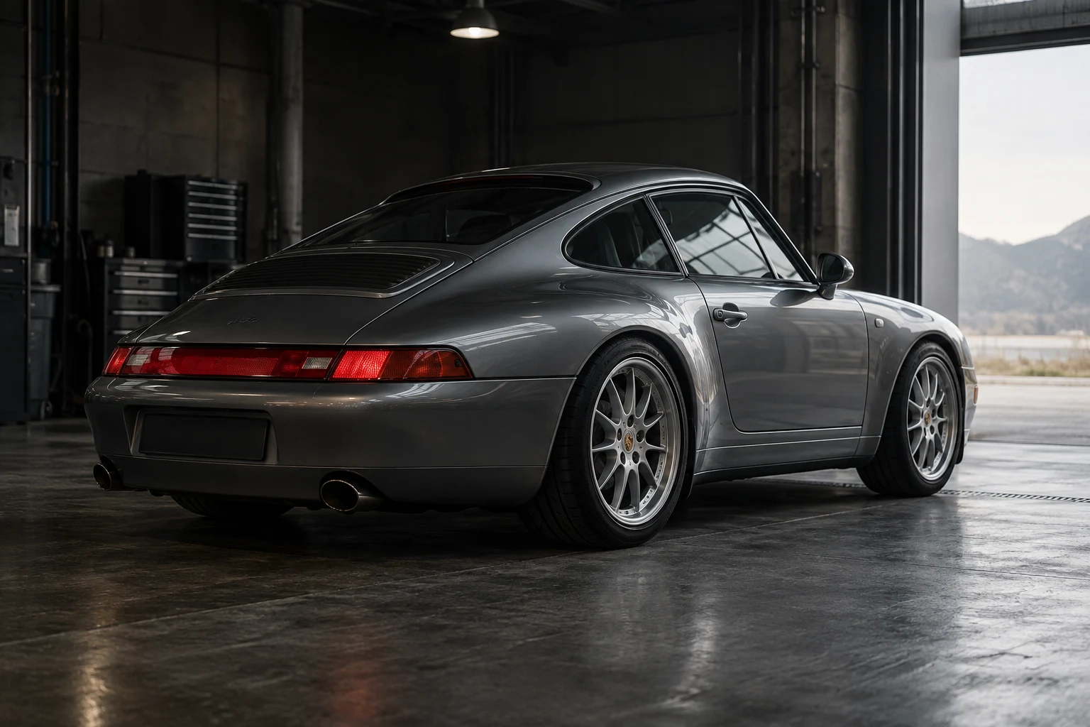 Silver sports coupe in a garage, an AI-created automotive concept image